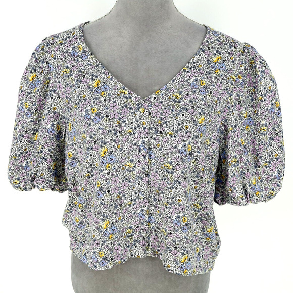 Levis Top Womens XL White Purple Ditzy Floral Puff Blouse Buttons Whimsy - Picture 1 of 16